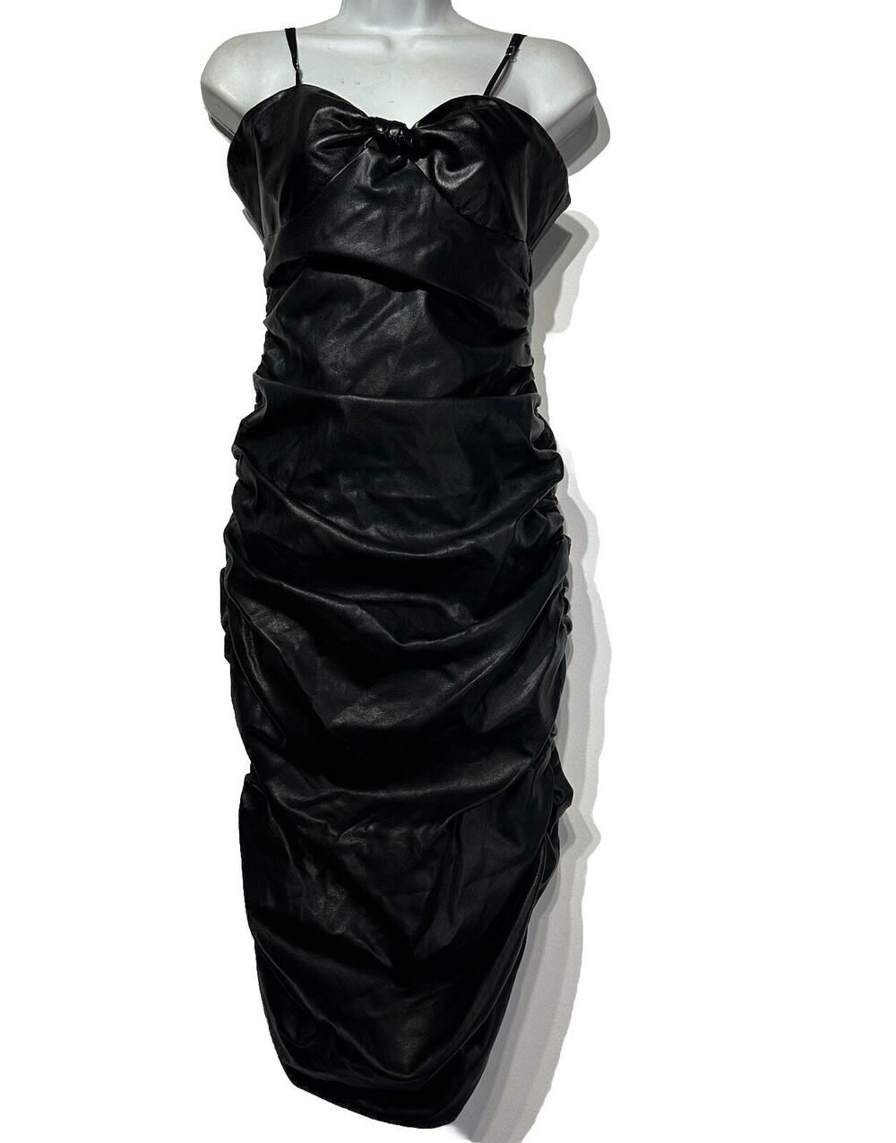 revolve Lovers + Friends faux leather ruched bow draped black mini dress Size S